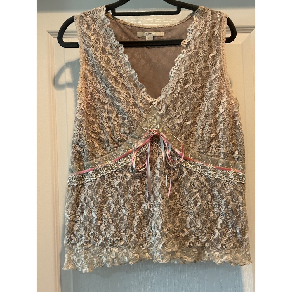 Y2K Lace Overlay Cami Beige Embellished w/Ribbon Babydoll Whimsy Fairy Core L